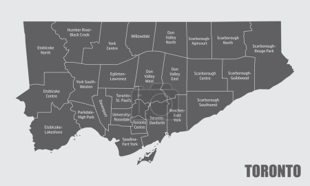 An administrative map of Toronto city with labels, Canada