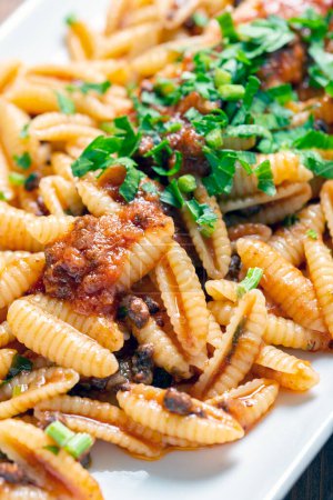 Téléchargez les photos : Dish of ragu sauce malloreddus, a traditional sardinian pasta, Italian cuisine - en image libre de droit