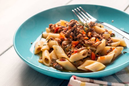 Photo for Dish of delicious pasta with white beef ragu sauce, italian food - Royalty Free Image