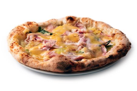 Photo for Closeup view of pizza with ham and cheese on white table - Royalty Free Image