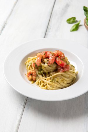 Photo for Seafood pasta with spicy shrimps - Royalty Free Image