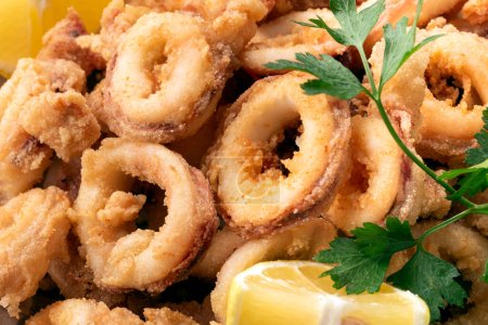 Delicious fried calamari rings plate