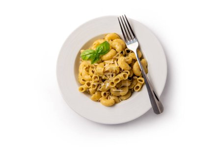 Foto de Placa de deliciosos maccheroni con salsa de pesto, pasta italiana, comida europea - Imagen libre de derechos