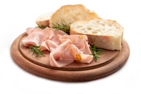 Photo for Sliced bread and mortadella, a traditional italian salami - Royalty Free Image