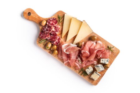 Photo for Platter with delicious Italian appetizers: prosciutto, gorgonzola, salami and pecorino - European food - Royalty Free Image