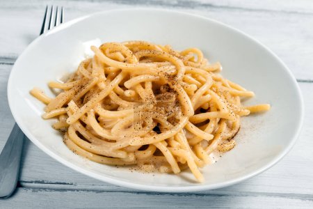 close-up shot of delicious pasta in white plate