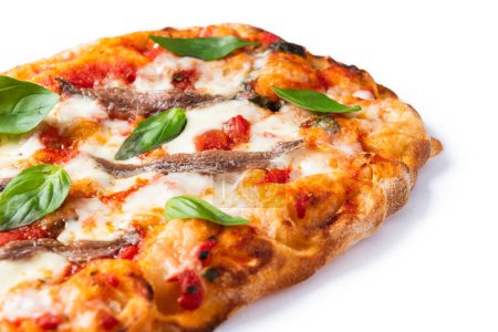 Delicious pinsa, a roman style pizza with fresh tomato, mozzarella, capers and anchovies, Italian food