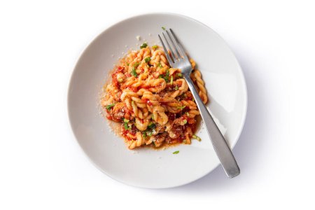 Lorighittas with tomato sauce and pecorino, traditional sardinian pasta, italian food
