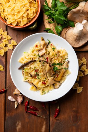 Photo for Plate of delicious mushroom pasta, italian food - Royalty Free Image