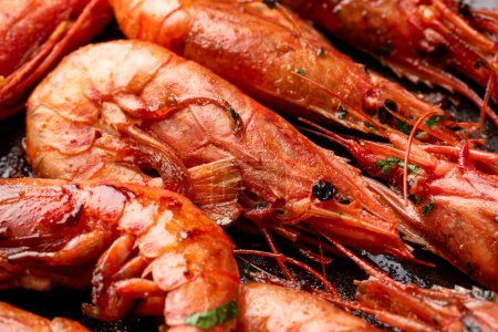 Red prawns cooked in a pan, Mediterranean food, Italian cuisine 