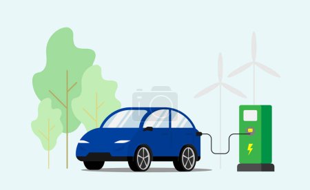 Illustration for Electric car charging at EV fast charger station with trees and windmills background, Vector illustration. - Royalty Free Image