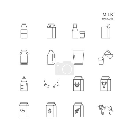 Illustration for Set of animal milk and cereal milk vector line icon on white background. - Royalty Free Image
