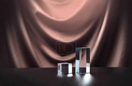 Photo for Stylish glass pedestal, stage or platform on a drapery background. Mockup scene made with acrylic blocks as a template for product presenation. Stylish backdrop for advertisement. - Royalty Free Image