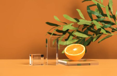 Photo for Front view mockup empty glass stage for cosmetic product presentation on natural background with olive tree branch and orange slice. - Royalty Free Image