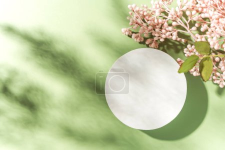 Photo for Empty white circle mockup podium for product presentation on a blooming spring flower background with hard light. Trendy design flat lay with copy space. Top view. - Royalty Free Image
