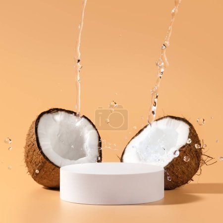 Photo for Beauty skincare scene for cosmetic product presentation made with mockup round scene, coconuts and tropical water splash. Square composition. - Royalty Free Image