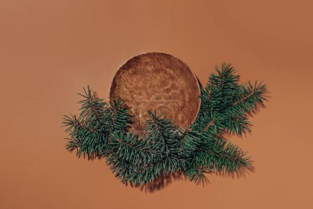 Winter Christmas mockup blank template for product presentation made with wooden plate and fir tree decor