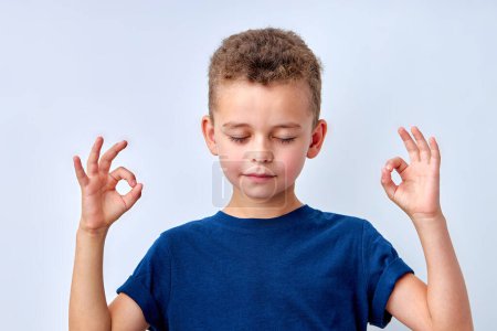 Téléchargez les photos : Its OK. calm child boy showing ok gesture, isolated on white studio background. cute caucasian kid in t-shirt posing at camera, copy space for advertisement. keep calm. meditating - en image libre de droit