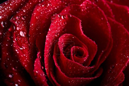 Foto de Beautiful red rose flowers and water drops on petals close-up. Macrophotography. selected sharpness. blossom, flowers, flora concept - Imagen libre de derechos