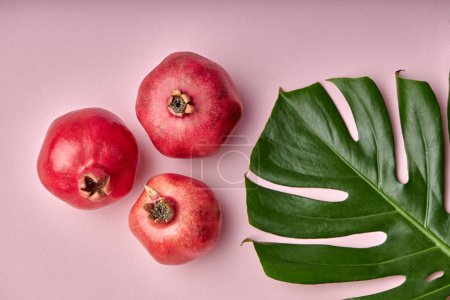 Téléchargez les photos : Creative shot of summer fresh fruit pomegranate and tropical plant on pastel pink background. Nutrition concept. Flat lay, top view, copy space - en image libre de droit