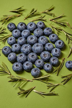 Téléchargez les photos : Blueberry isolated on green. beautiful berry pattern. Fresh fruit summer pattern. Creative food concept. Agriculture harvest. Top view or flat lay. fresh seasonal fruits - en image libre de droit