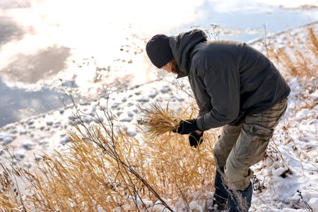 Photo for Traveller in warm clothes walking in snowy nature in winter, have rest, enjoy active lifestyle. handsome guy collect herbs from snowy fields. at frozen winter day. alone, outdoors. bushcraft, hike - Royalty Free Image