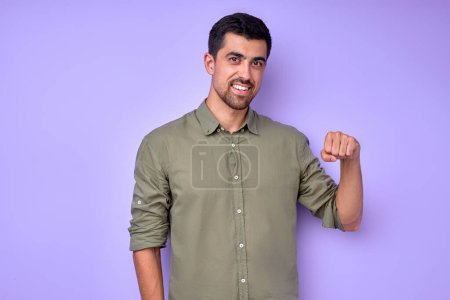Photo for Young deaf mute man saying girlfriend using sign language on white background close up portrait isolated blue background - Royalty Free Image
