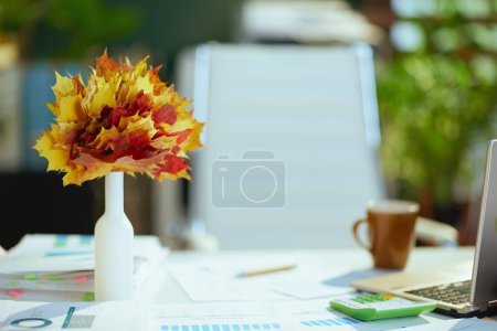 Téléchargez les photos : Gros plan sur les feuilles jaunes d'automne dans un vase sur la table avec des documents dans le bureau moderne. - en image libre de droit