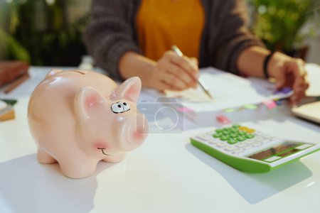 Photo for Tax time. piggy bank and accountant woman with calculator and documents in background working in office. - Royalty Free Image