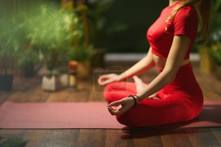 Téléchargez les photos : Closeup on female in red fitness clothes with yoga mat meditating in the green living room. - en image libre de droit