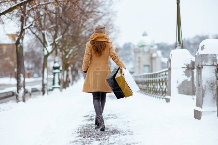Von hinten gesehen Frau mittleren Alters mit brauner Mütze und Schal im Kamelmantel mit Einkaufstaschen im Winter draußen in der Stadt.