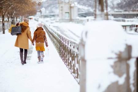 Foto de Visto desde atrás madre e hija modernas en abrigo, sombrero, bufanda y manoplas con bolsas de compras caminando al aire libre en la ciudad en invierno. - Imagen libre de derechos