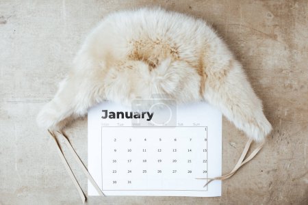 Foto de Piso de invierno con sombrero de piel y calendario de enero. - Imagen libre de derechos