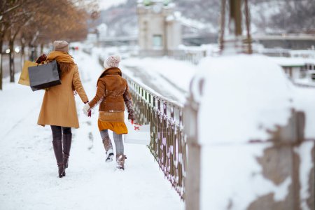 Foto de Seen from behind mother and daughter in coat, hat, scarf and mittens with shopping bags walking outdoors in the city in winter. - Imagen libre de derechos
