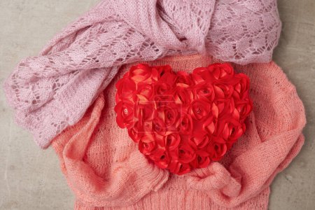 Photo for Winter flat lay with scarf, red heart and sweater. - Royalty Free Image
