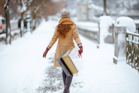 Foto de Seen from behind middle aged woman in brown hat and scarf in camel coat with gloves and shopping bags outside in the city in winter. - Imagen libre de derechos