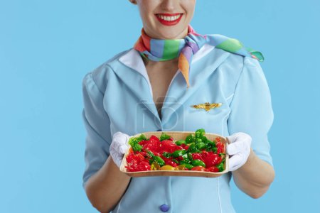 Téléchargez les photos : Gros plan sur l'hôtesse de l'air féminine heureuse sur fond bleu en uniforme bleu avec des bonbons. - en image libre de droit