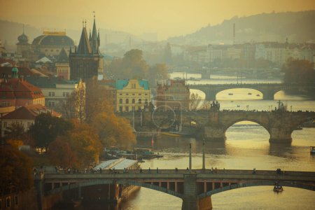 Photo for Landscape with Vltava river and Karlov most in the evening in autumn in Prague, Czech Republic. - Royalty Free Image