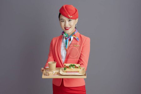 Photo for Smiling modern asian female flight attendant in red skirt, jacket and hat uniform with a tray of food isolated on grey. - Royalty Free Image