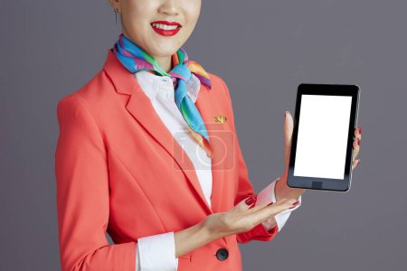 Photo for Closeup on happy elegant flight attendant asian woman in red skirt, jacket and hat uniform digital tablet blank screen against gray background. - Royalty Free Image