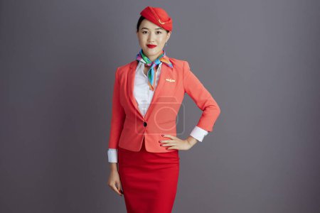 Photo for Modern asian female flight attendant in red skirt, jacket and hat uniform isolated on grey background. - Royalty Free Image