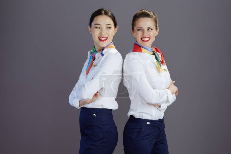 Téléchargez les photos : Hôtesses de l'air féminines élégantes souriantes en jupe bleue, chemise blanche et écharpe sur fond gris. - en image libre de droit