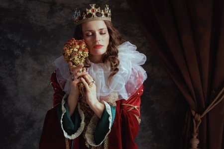 Téléchargez les photos : Reine médiévale en robe rouge avec fleur séchée, col blanc et couronne sur fond gris foncé. - en image libre de droit