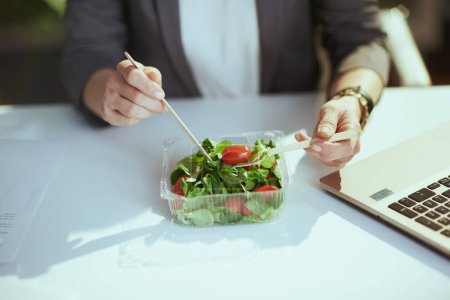 Téléchargez les photos : Un lieu de travail durable. Gros plan sur femme employée dans un bureau vert avec ordinateur portable manger de la salade. - en image libre de droit