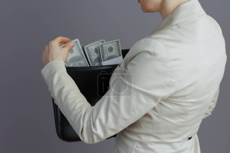 Foto de Primer plano de la mujer propietaria de una pequeña empresa de mediana edad en un traje de negocios ligero con maletín y paquetes de dinero en dólares contra de fondo gris. - Imagen libre de derechos