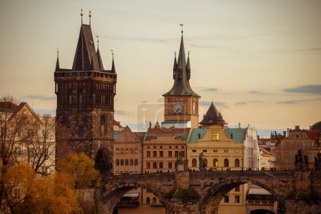 Photo for Landscape with Charles Bridge in the evening in autumn in Prague, Czech Republic. - Royalty Free Image