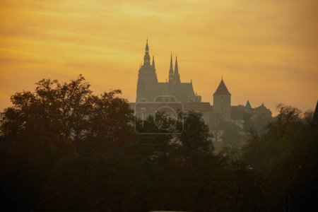Photo for Landscape with St. Vitus Cathedral at sunset shotted through the foliage in autumn in Prague, Czech Republic. - Royalty Free Image