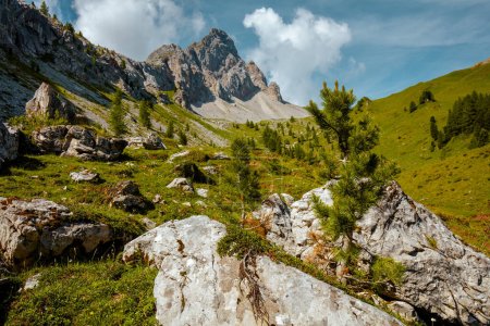 Foto de Hora de verano en Dolomitas. paisaje con montañas, nubes, rocas y árboles. - Imagen libre de derechos