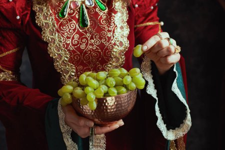 Foto de Primer plano de la reina medieval en vestido rojo con plato de uvas sobre fondo gris oscuro. - Imagen libre de derechos