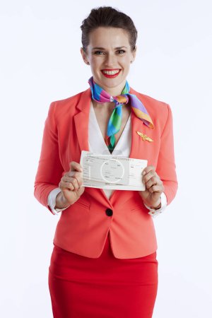 Photo for Smiling elegant air hostess woman isolated on white background in uniform with flight tickets. - Royalty Free Image